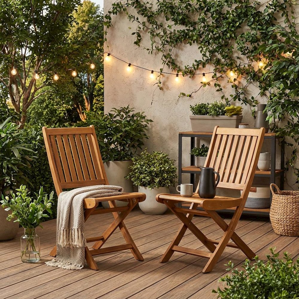 Outdoor Dining Chairs Oil Finish Set of 2 Slatted Back Wood Seats. Picture 2