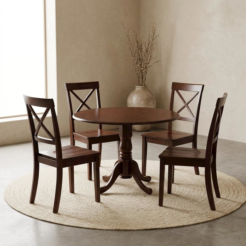 Wood Round Kitchen Table & Chairs 5-Piece Set, Pedestal Base, Mahogany. Picture 2