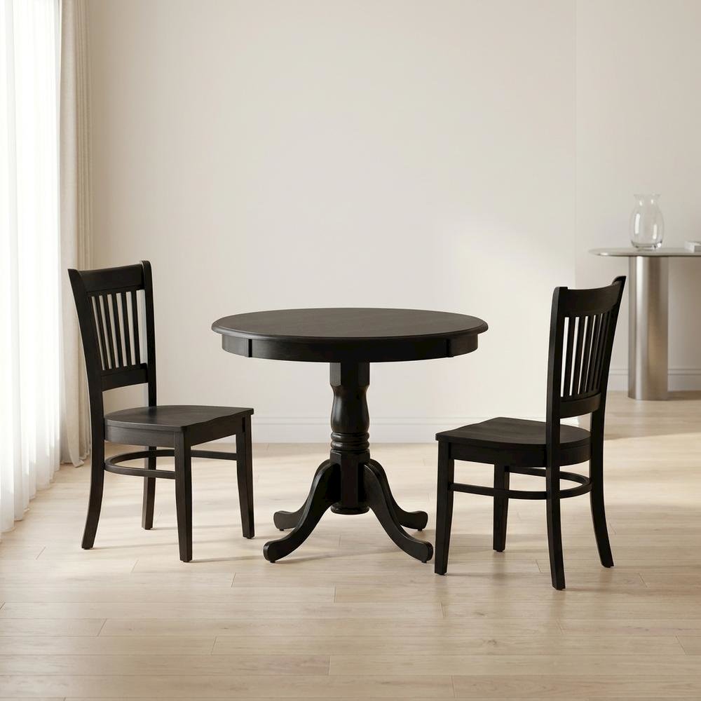 Solid Wood Round Kitchen Table & Chairs 3-Piece Dining Set, Black. Picture 3