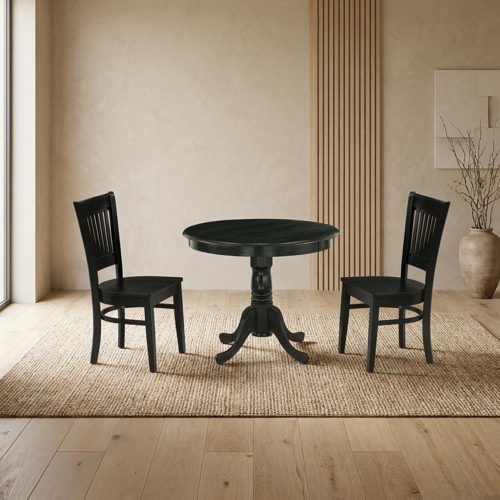Solid Wood Round Kitchen Table & Chairs 3-Piece Dining Set, Black. Picture 2
