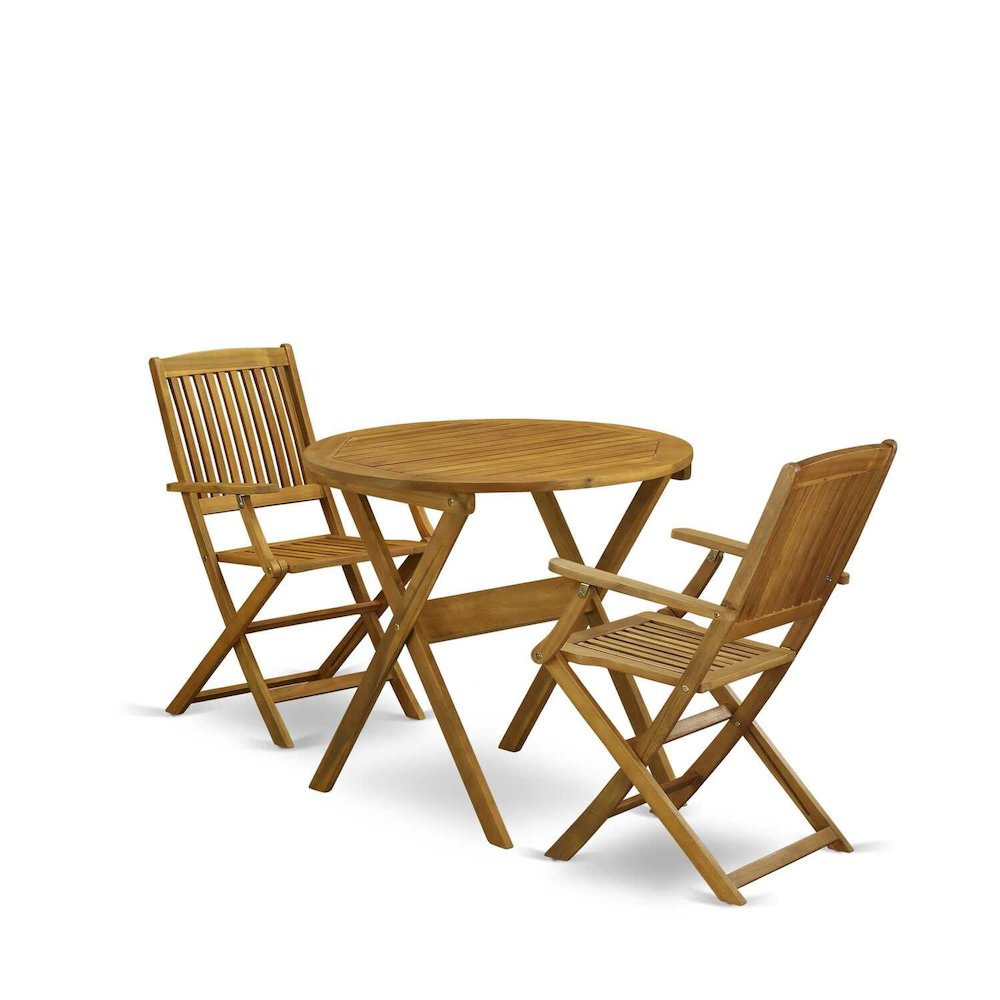 MNCM3CANA 3-Piece Outdoor Bistro Table Set Includes a Wooden Folding Table and 2 Outdoor Folding Chairs - Natural Oil Finish. Picture 1