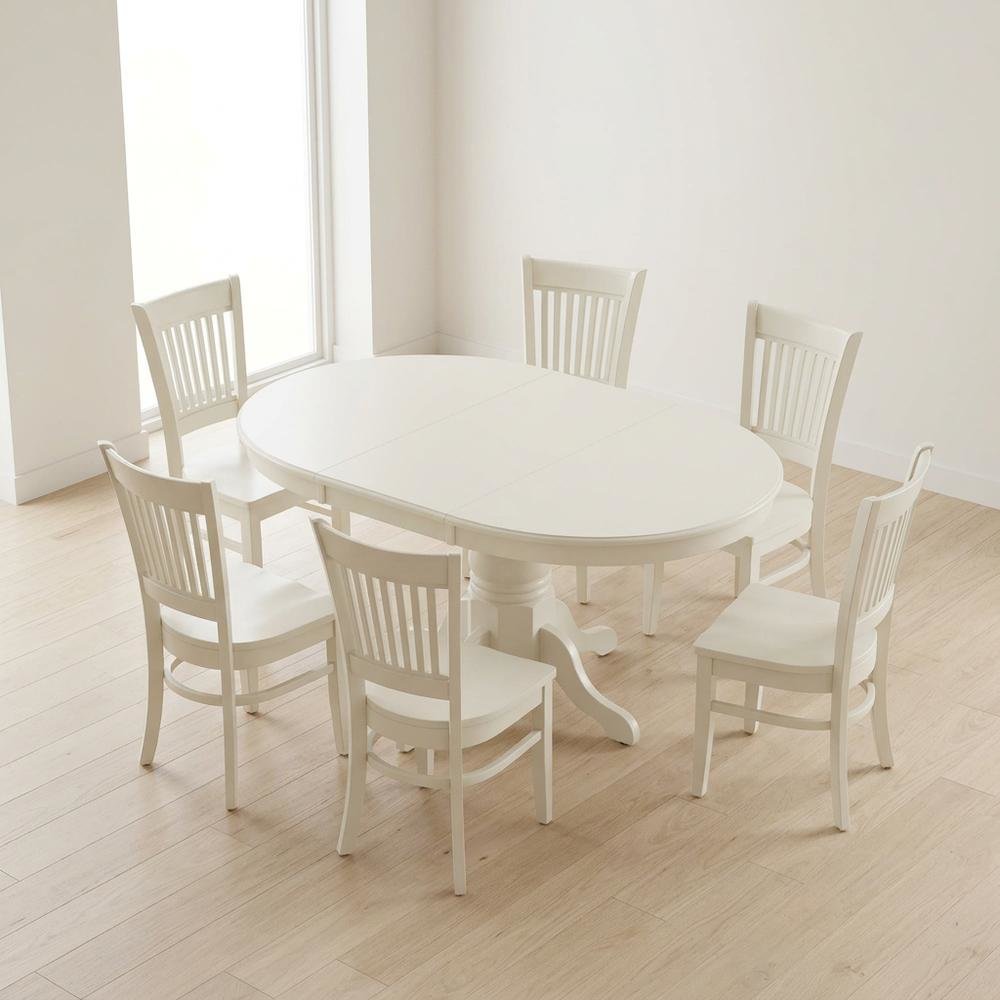 Butterfly Leaf Dining Table 7-Piece, Slatted-Back Wood Chairs, Linen White. Picture 3