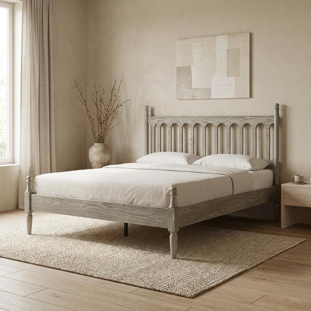 Solid Wood Bed with Headboard, Traditional Platform, Weathered Gray Oak, Queen. Picture 2