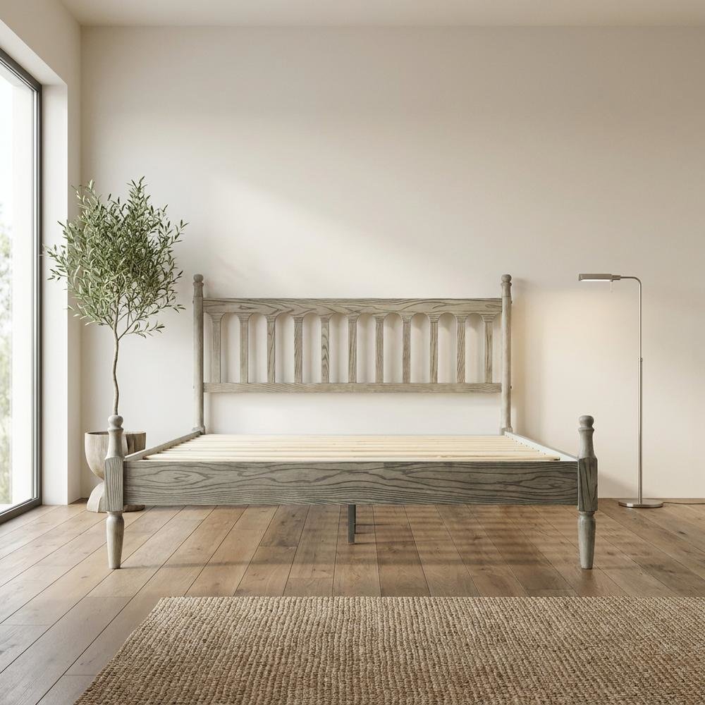 Solid Wood Bed with Headboard, Traditional Platform, Weathered Gray Oak, Queen. Picture 3
