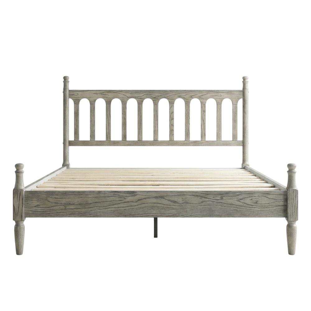 Solid Wood Bed with Headboard, Traditional Platform, Weathered Gray Oak, Queen. Picture 1
