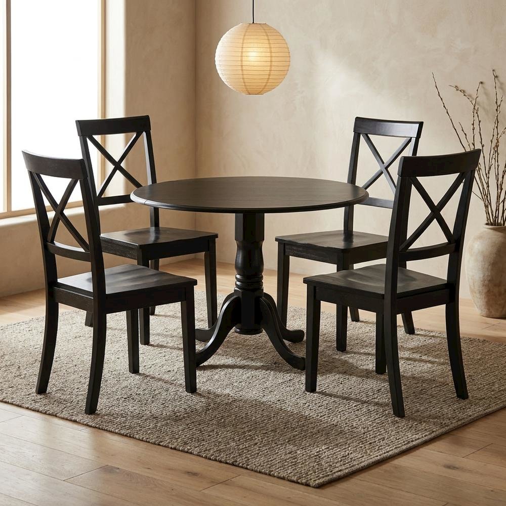 Wood Round Kitchen Table & Chairs 5-Piece Set, Pedestal Base, Black. Picture 2