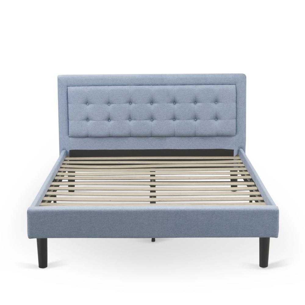 FN11Q-1HA15 2-Piece Platform Queen Bed Set Furniture with 1 Platform Bed and an End Table for bedroom - Denim Blue Linen Fabric. Picture 2