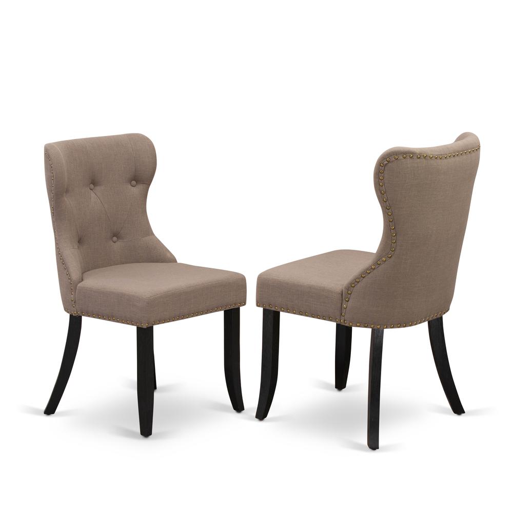 East West Furniture 5-Piece Dining Table Set - Coffee Linen Fabric Seat and Button Tufted Back Dining Chairs and Rectangular Top Modern Dining Table with Wooden Legs - Linen White and Wirebrushed Blac. Picture 3