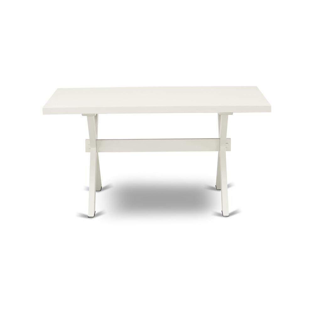 X026MZ015-7 7-Piece Dining Table Set Contains a Wooden Table and 6 Baby Blue Dining Room Chairs - Wire Brushed Linen White Finish. Picture 4