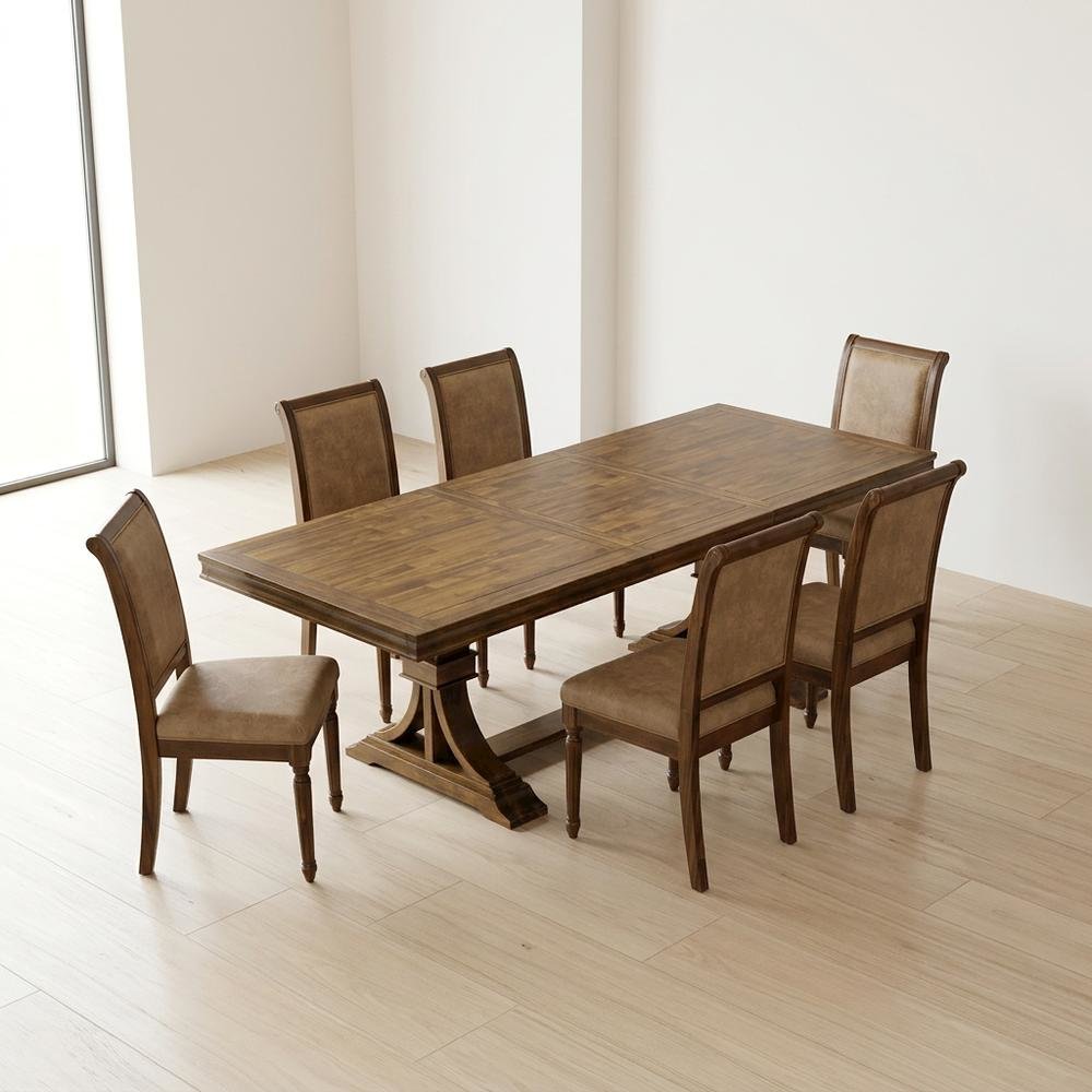Solid Wood Dining Table 7-Piece with High-Back Upholstered Chairs, Beige. Picture 3