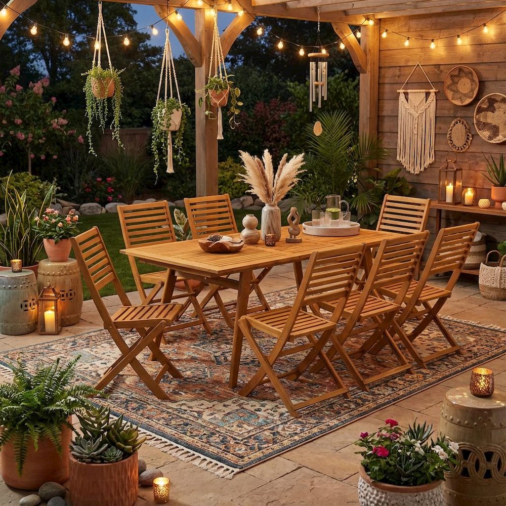 9-Piece Oil-Finish Patio Set with Ladder Back Chairs and Wood Table Legs. Picture 3