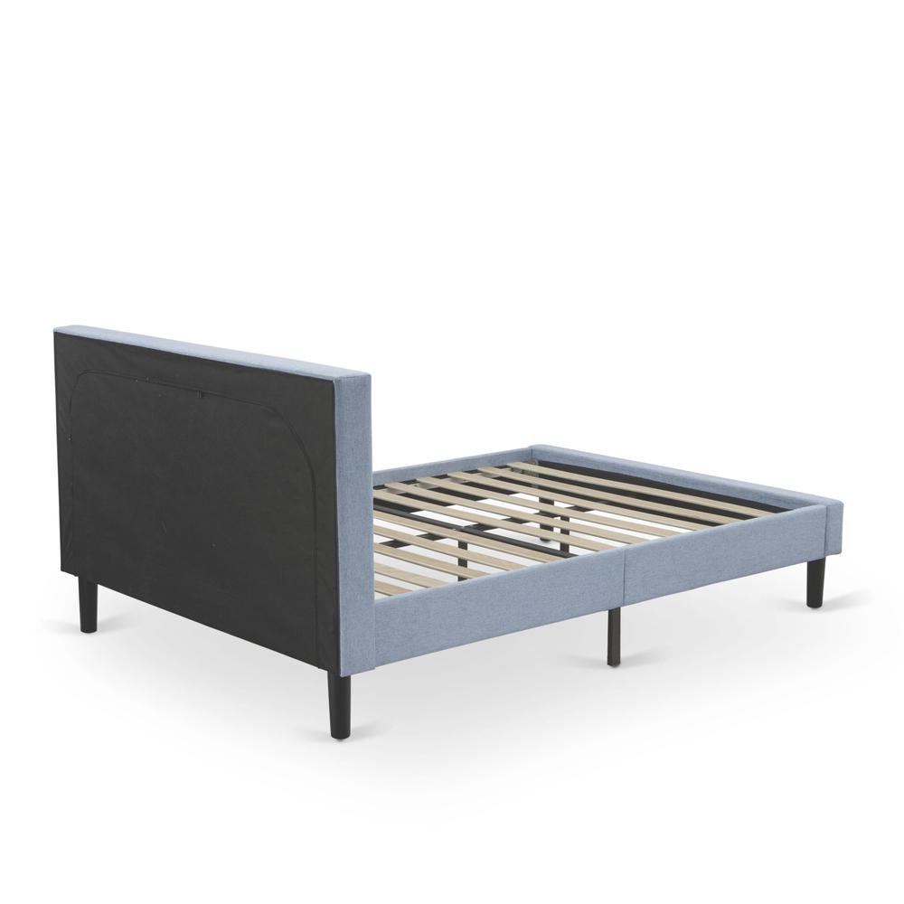 FN11Q-1VL0C 2-Pc Platform Queen Bed Set Furniture with 1 Wood Bed Frame and a Night Stand for Bedrooms - Denim Blue Linen Fabric. Picture 5