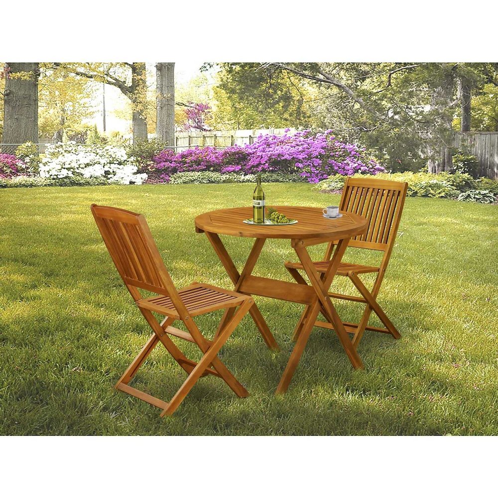 MNCM3CWNA 3-Piece Outdoor Bistro Table Set Contains a Foldable Patio Table and 2 Outdoor Camping Chairs - Natural Oil Finish. Picture 6