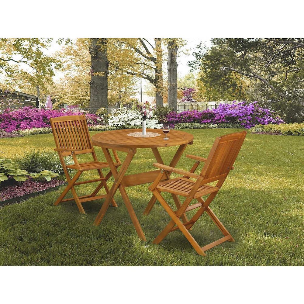 MNCM3CANA 3-Piece Outdoor Bistro Table Set Includes a Wooden Folding Table and 2 Outdoor Folding Chairs - Natural Oil Finish. Picture 6