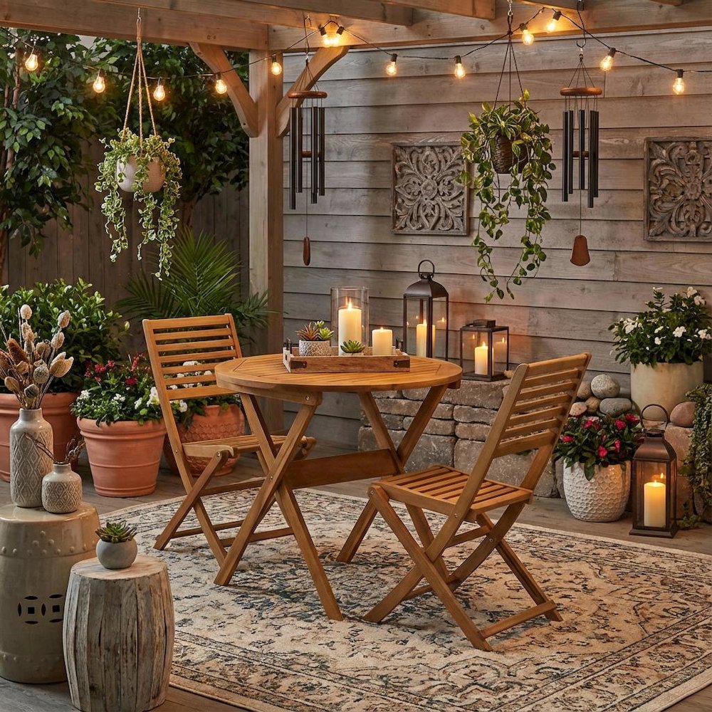 Oil-Finish Round Patio Table Set with 2 Folding Chairs, Modern Design. Picture 3