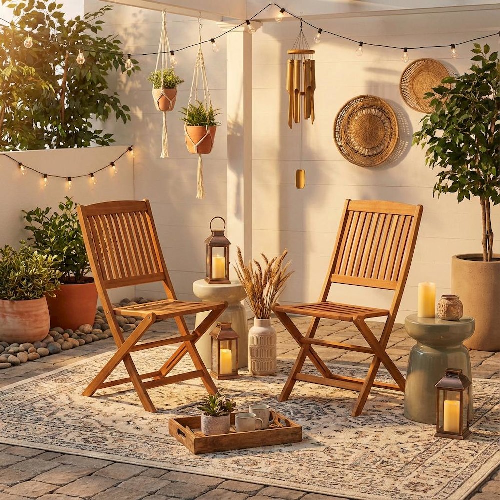 Oil-Finish Acacia Wooden Patio Folding Side Chairs Set of 2 with Sturdy Frame. Picture 3