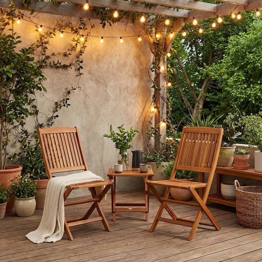 Oil-Finish Acacia Wooden Patio Folding Side Chairs Set of 2 with Sturdy Frame. Picture 2