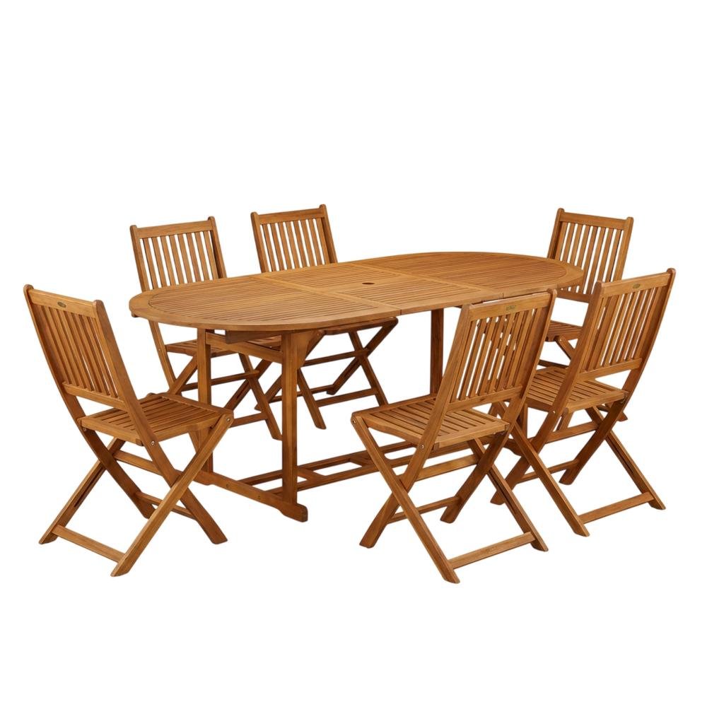 7-Pc Outdoor Set, Oil Finish with 6 Slatted Back Chairs and Round Coffee Table. Picture 1