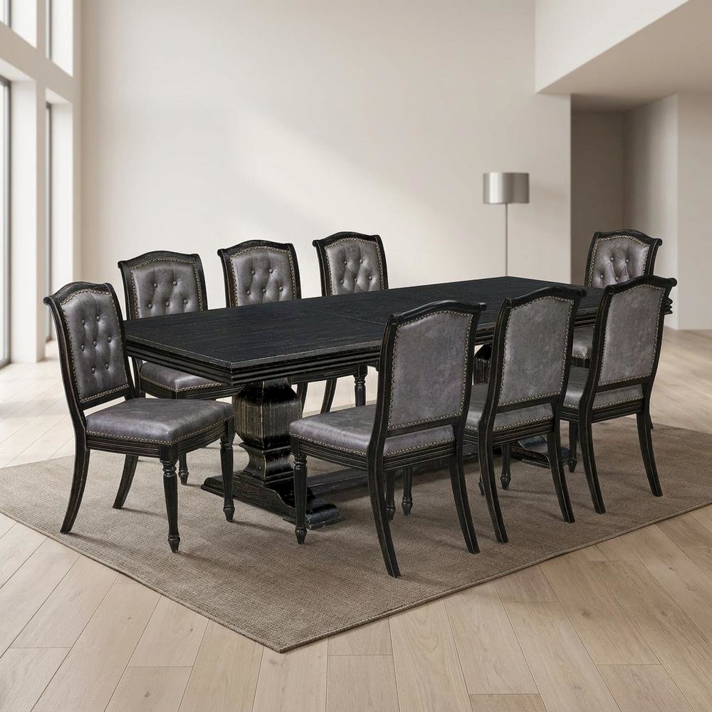Solid Wood Rectangular Dining Table & Button-Tufted Chairs 9-Piece, Dark Grey. Picture 3