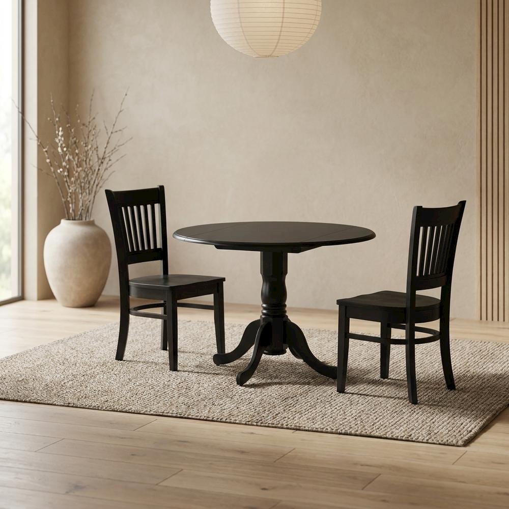 Wood Dining Set 3-Piece, Drop Leaves & Slatted-Back Chairs. Picture 2