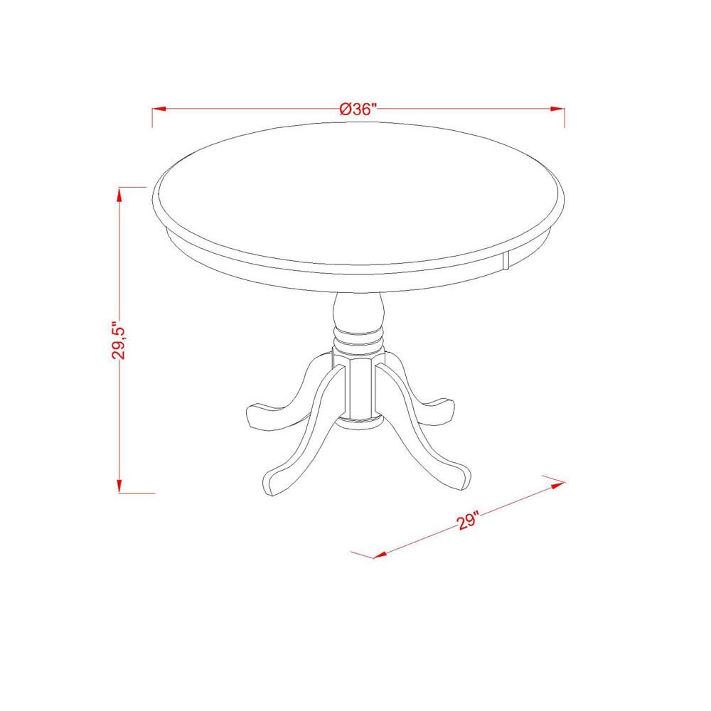 East West Furniture 3 Piece Dining Table Set Contains 1 Round Pedestal Table and 2 Oak Linen Fabric Wooden Kitchen Chairs with Slatted Back - Oak Finish. Picture 4