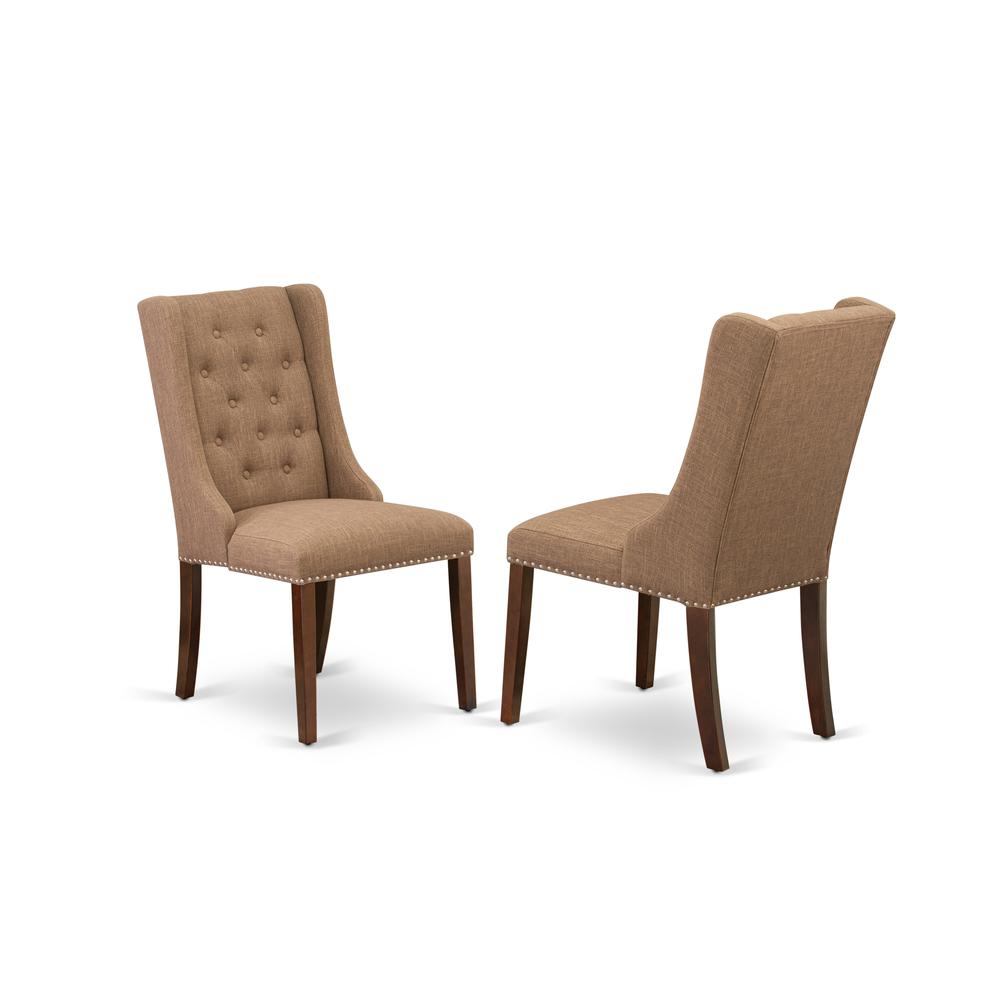East West Furniture HLFO5-MAH-47 5-Piece Kitchen Dining Room Set Includes 1 Pedestal Table and 4 Light Sable Linen Fabric Parson Chairs with Button Tufted Back - Mahogany Finish. Picture 3