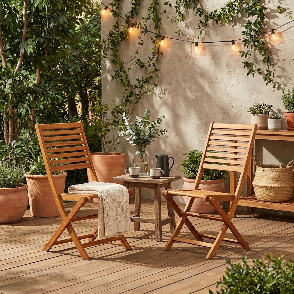 Neutral Oil Foldable Outdoor Dining Chairs with Acacia Wood Set of 2. Picture 2