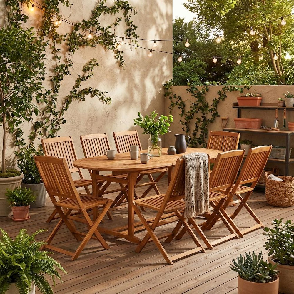 Oil-Finished Wooden Patio Dining Table with 8 Outdoor Side Chairs. Picture 2