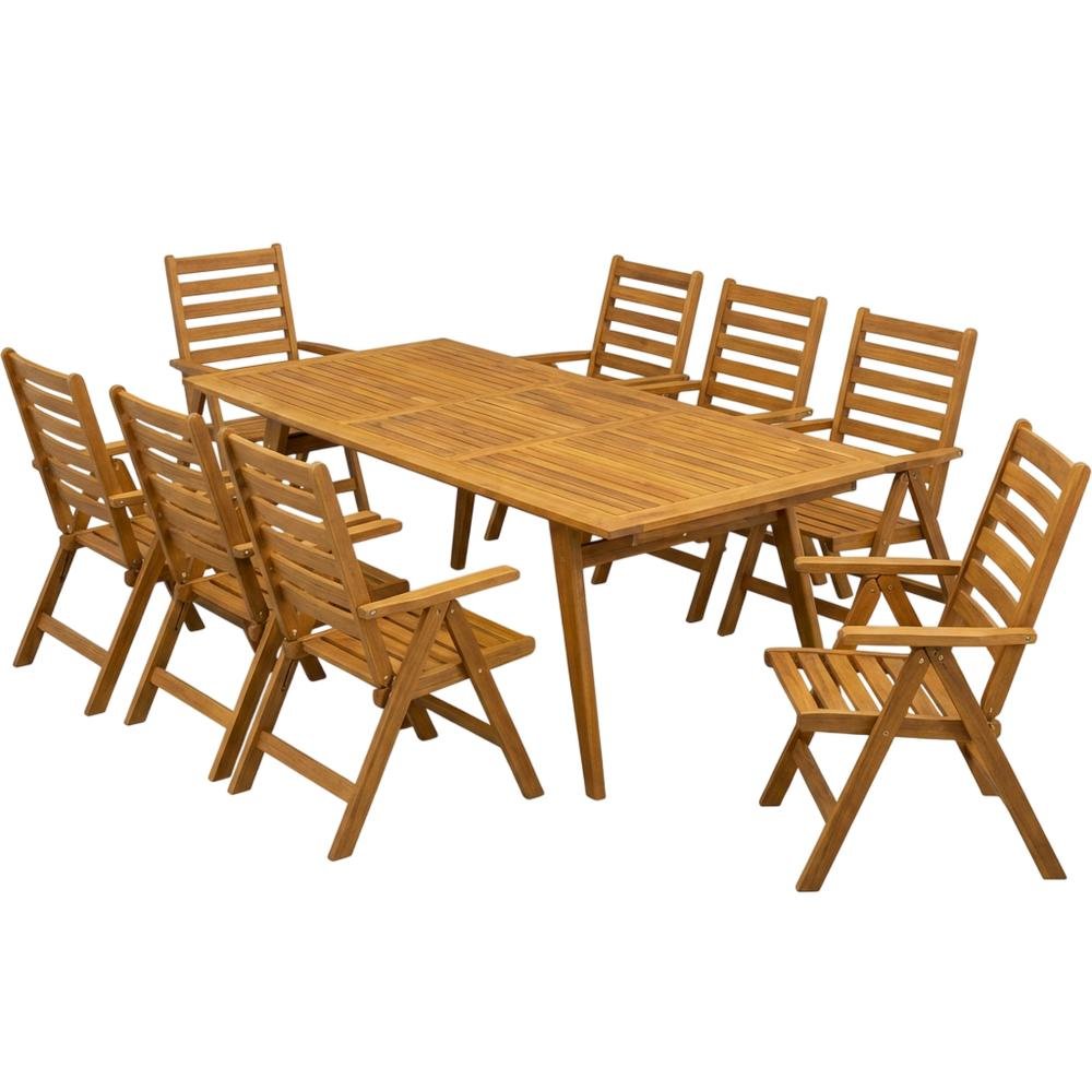 Wood-Tone Oil 9-Piece Patio Dining Set with Ladder Back Chairs and Wooden Table. Picture 1