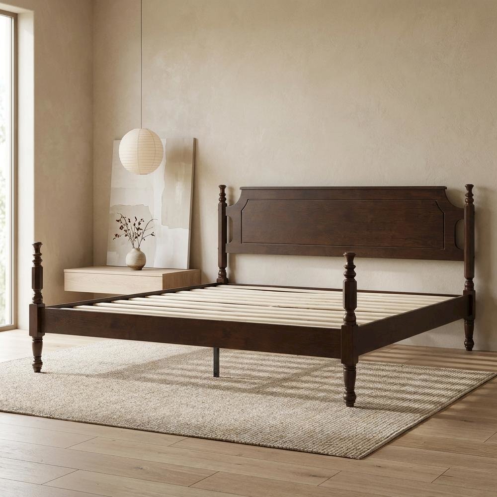 King Solid Wood Platform Bed with Headboard, Traditional, Dark Roast Oak, King. Picture 2