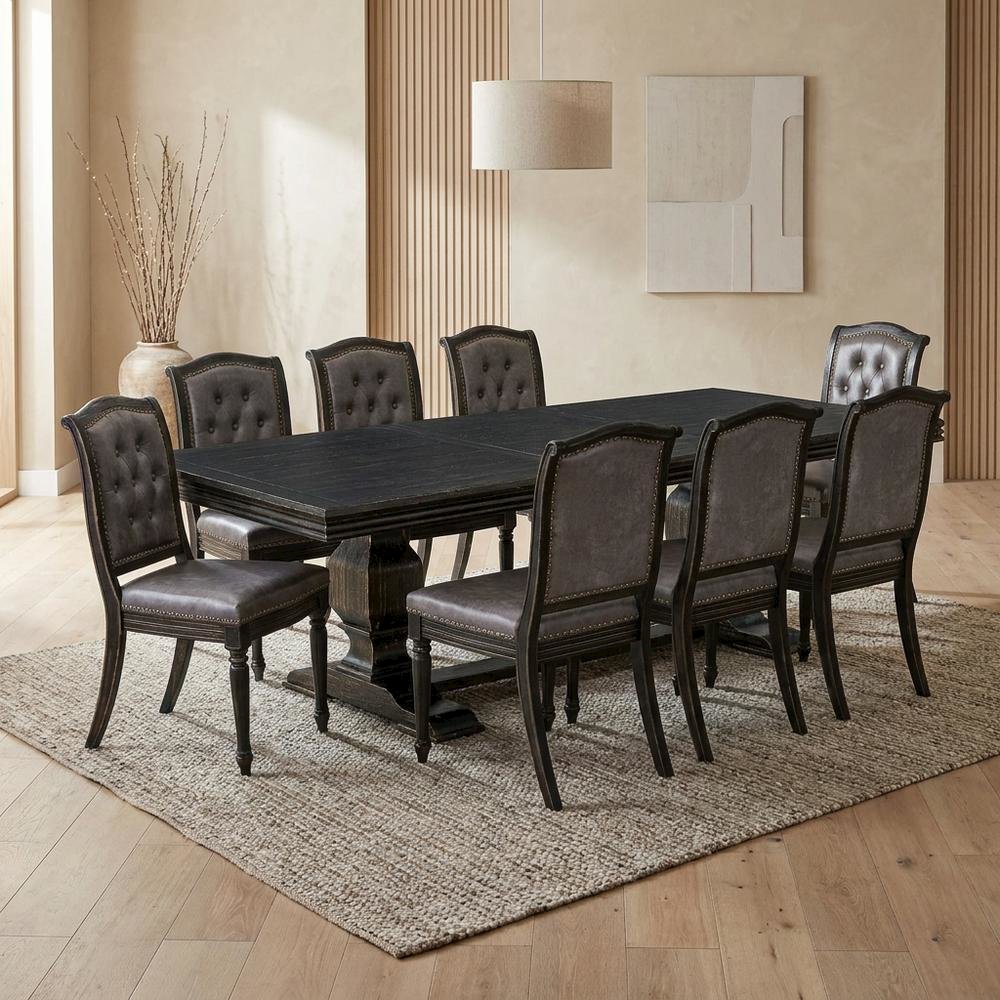 Solid Wood Rectangular Dining Table & Button-Tufted Chairs 9-Piece, Dark Grey. Picture 2