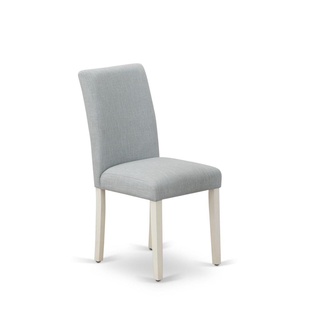 Set of 2 - Wood Chairs- Modern Chairs Includes Wirebrushed Linen White Wood Structure with Baby Blue Linen Fabric Seat and Simple Back. Picture 4