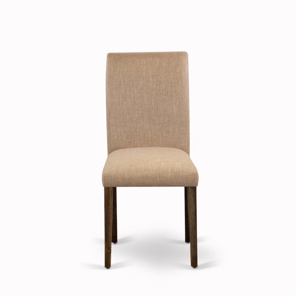 East West Furniture Set of 2 Parsons Chairs - Light Sable Linen Fabric Seat and High Back - Distressed Jacobean Finish. Picture 3