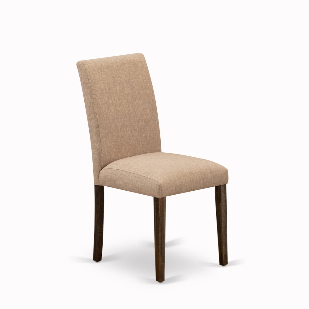 East West Furniture Set of 2 Parsons Chairs - Light Sable Linen Fabric Seat and High Back - Distressed Jacobean Finish. Picture 4