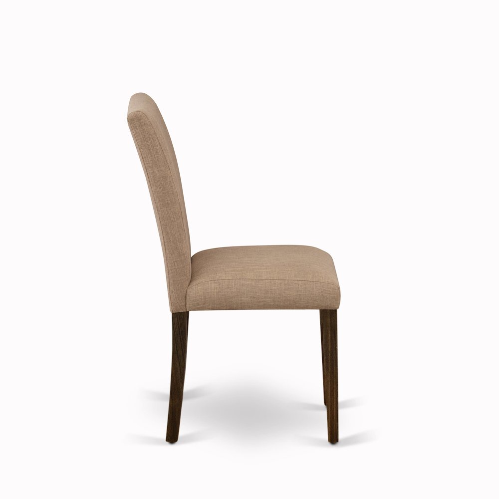 East West Furniture Set of 2 Parsons Chairs - Light Sable Linen Fabric Seat and High Back - Distressed Jacobean Finish. Picture 5
