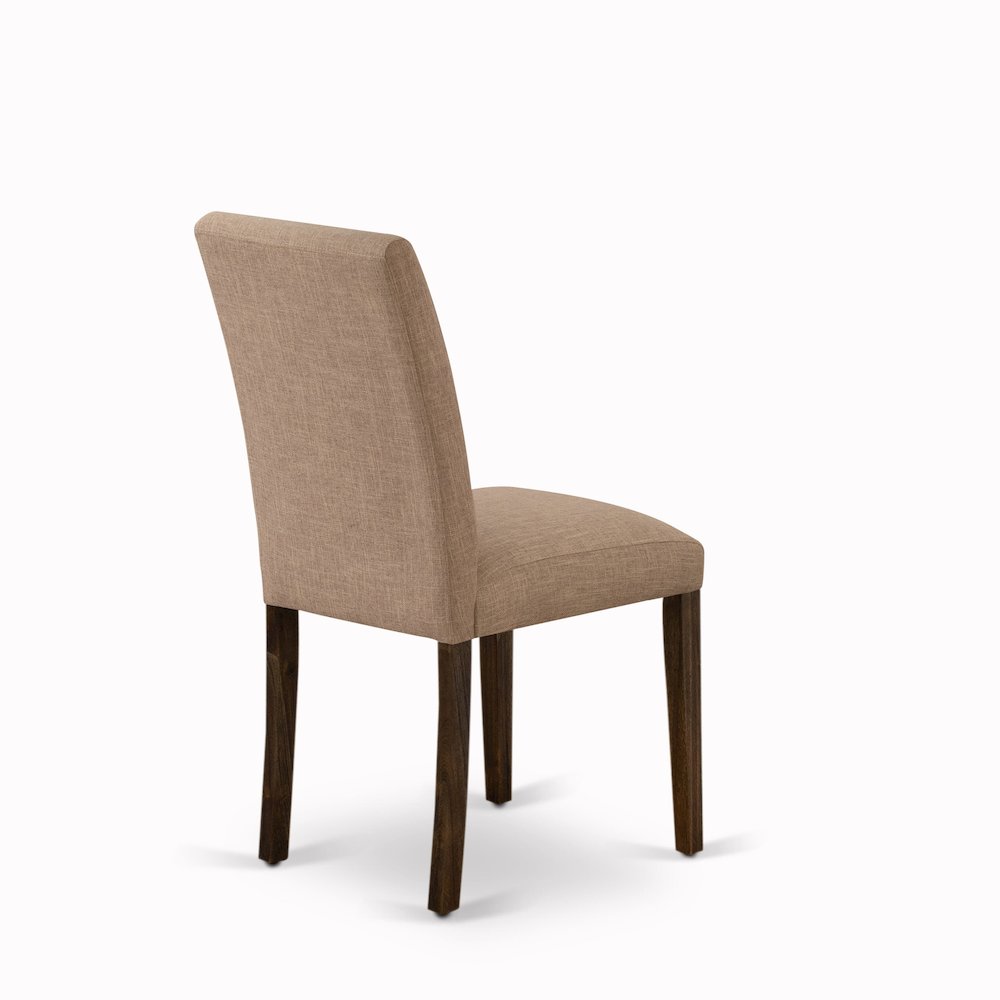 East West Furniture Set of 2 Parsons Chairs - Light Sable Linen Fabric Seat and High Back - Distressed Jacobean Finish. Picture 6