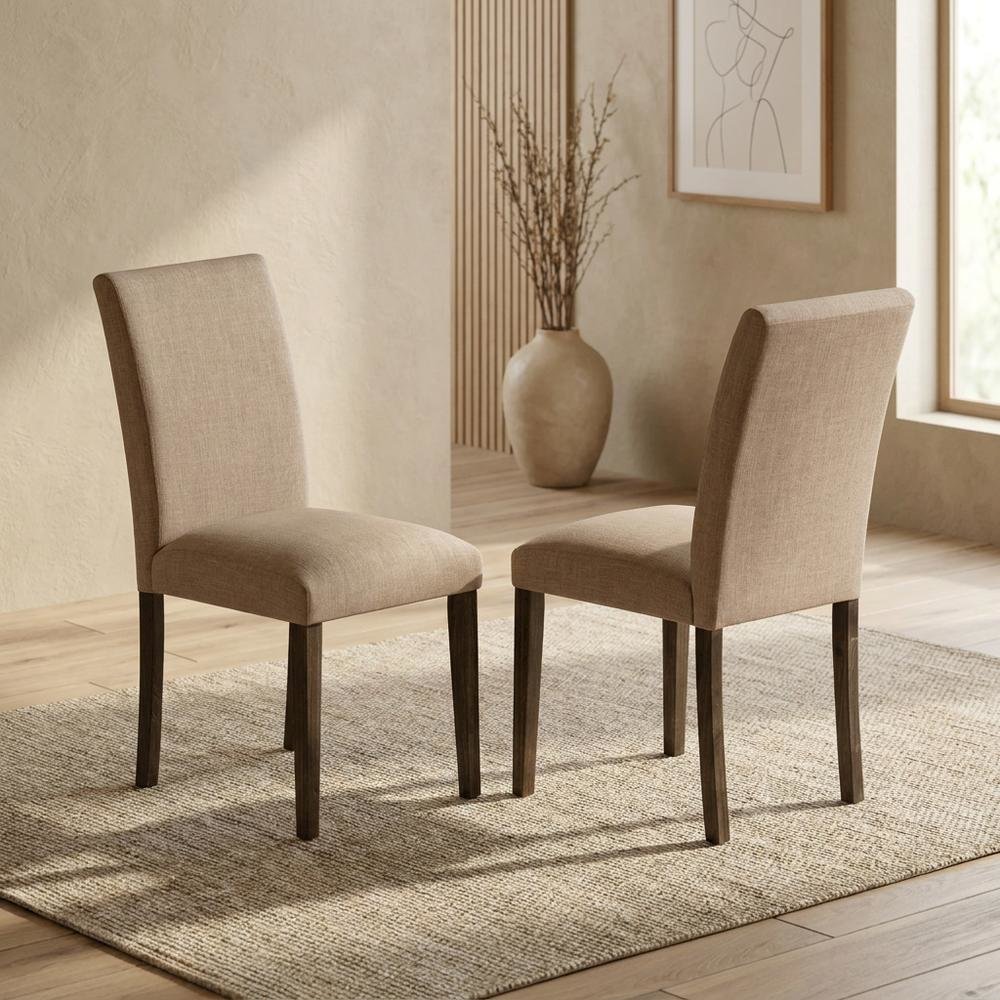Solid Wood Linen Upholstered High-Back Parsons Dining Chairs, Set of 2. Picture 4