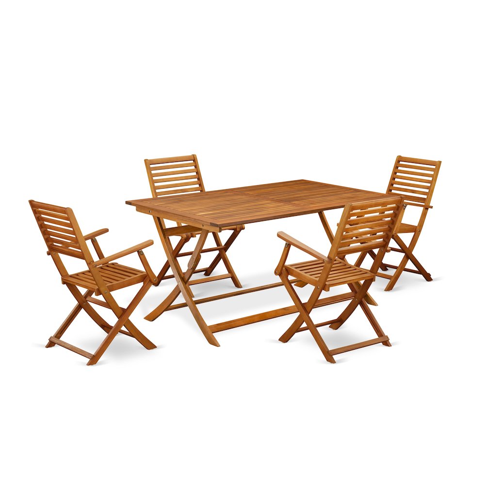 East West Furniture 5 Piece Excellent Folding Table Set- Great for The Shore, Camping, Picnics - Beautiful Wood Patio Table with 4 Lawn ArmChairs- Natural Oil Finish. Picture 1