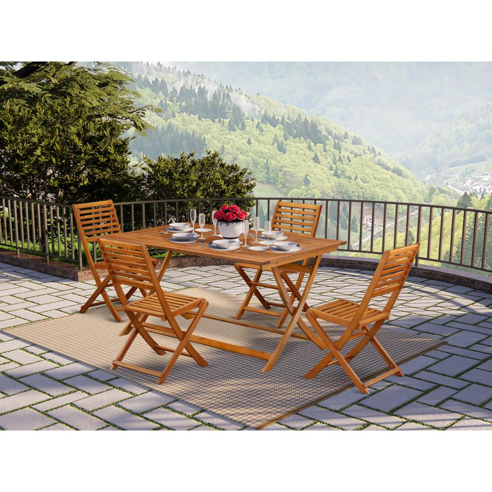 East West Furniture 5 Piece Superior Patio Dining Table Set- Ideal for The Beach, Campy, Picnics - Beautiful Bistro Table with 4 Arms Less Outdoor Folding Chairs - Natural Oil Finish. Picture 2