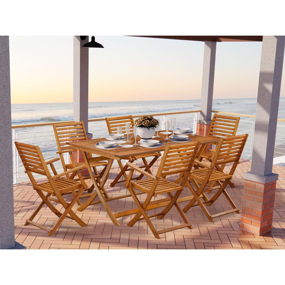 East West Furniture 7 Piece Innovative Outside Patio Set- Excellent for The Shore, Camping, Picnics - Gorgeous Outdoor Patio Table with 6 Outdoor Patio ArmChairs- Natural Oil Finish. Picture 2