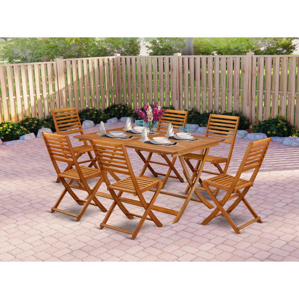 East West Furniture 7 Piece Bistro Table Set Outdoor- Great for The Beach, Campy, Picnics - Wonderful Wood Folding Table with 6 Arms Less Modern Dining Chairs- Natural Oil Finish. Picture 2