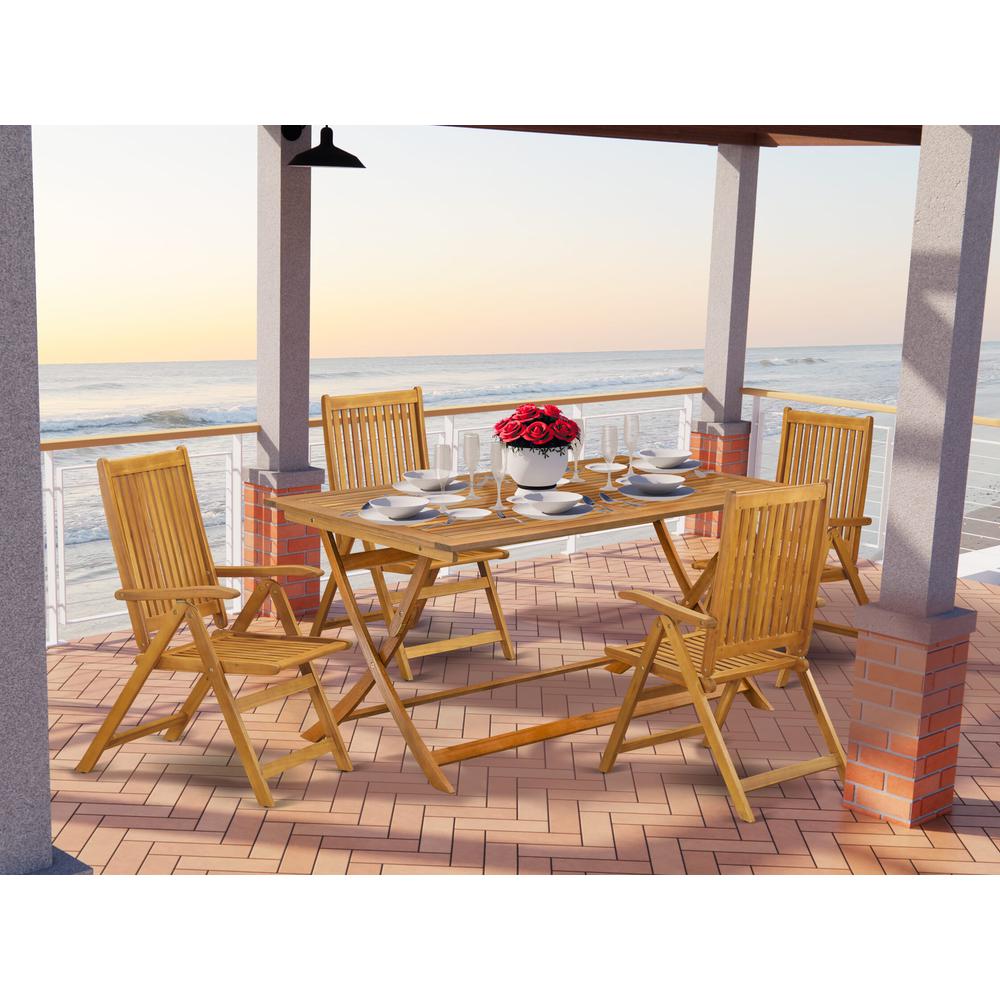 AECN5C5NA - 5 Piece Innovative Patio Dining Set - An Outdoor Table with Multi-Positions 4 Folding Patio Chairs- Natural Oil Finish. Picture 6
