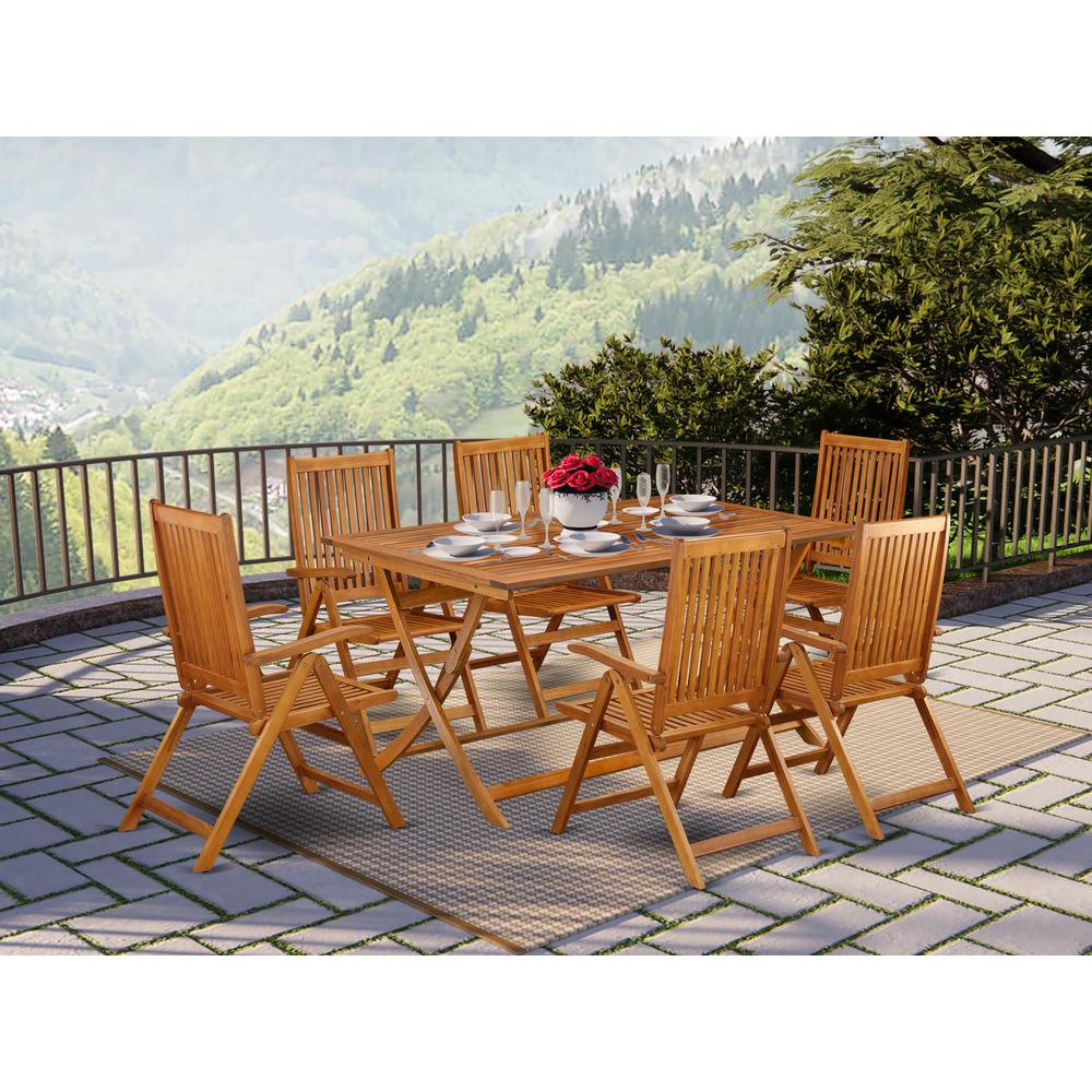 AECN7C5NA - 7 Piece Modern Folding Table Set-Beautiful Wood Table with Multi-Positions 6 Outdoor Patio Chairs- Natural Oil Finish. Picture 8
