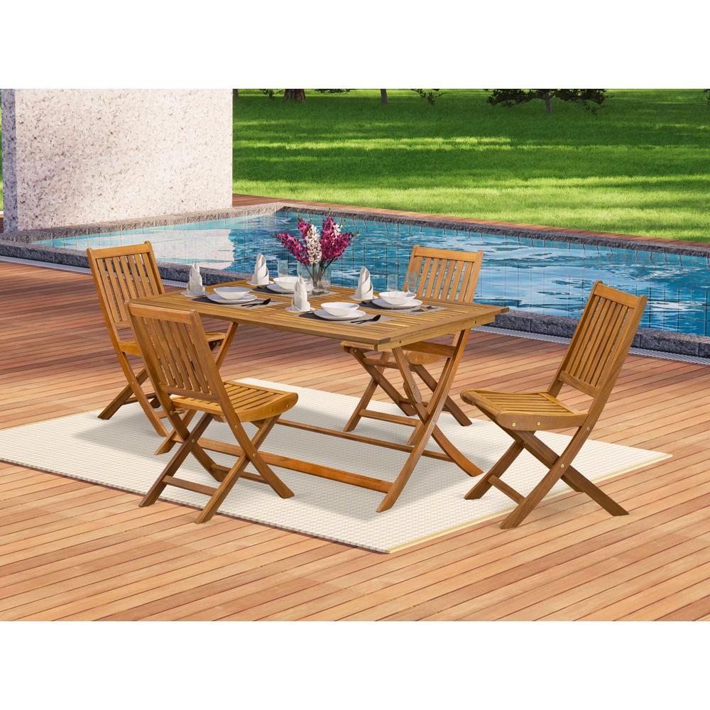 East West Furniture 5 Piece Stylish Bistro Patio Set- Perfect for The Shore, Camping, Picnics - Attractive Outdoor Table with 4 Arms Less Lawn Chairs- Natural Oil Finish. Picture 2