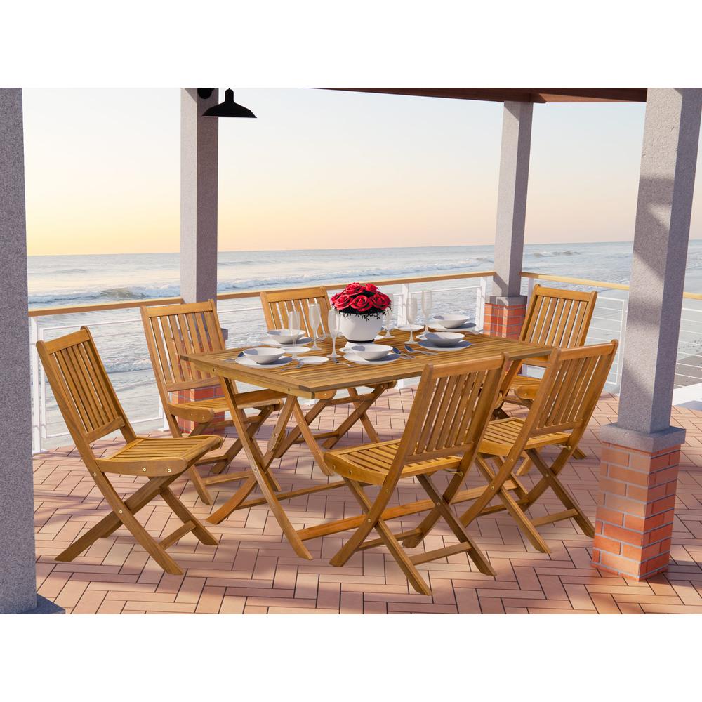 East West Furniture 7 Piece Superior Garden Set- Suitable for The Shore, Camping, Picnics - Lovely Wood Dining Table with 6 Arms Less Folding Patio Chairs- Natural Oil Finish. Picture 2