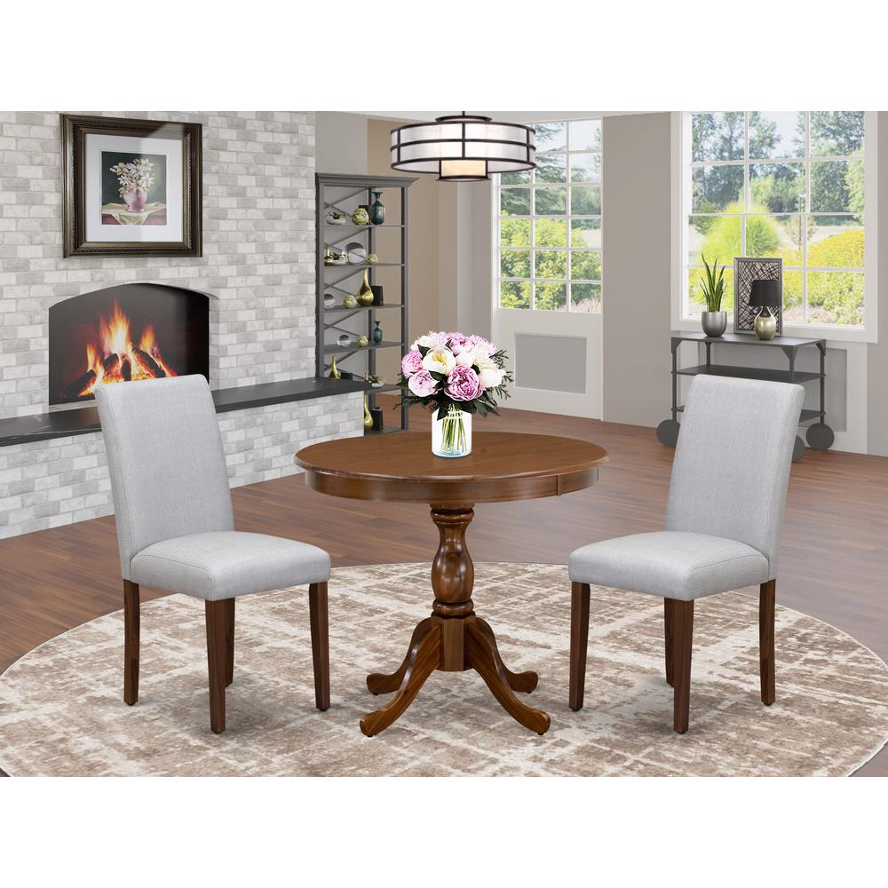 East West Furniture 3 Piece Dining Set Includes 1 Dinner Table and 2 Grey Linen Fabric Kitchen Chairs with High Back - Acacia Walnut Finish. Picture 2