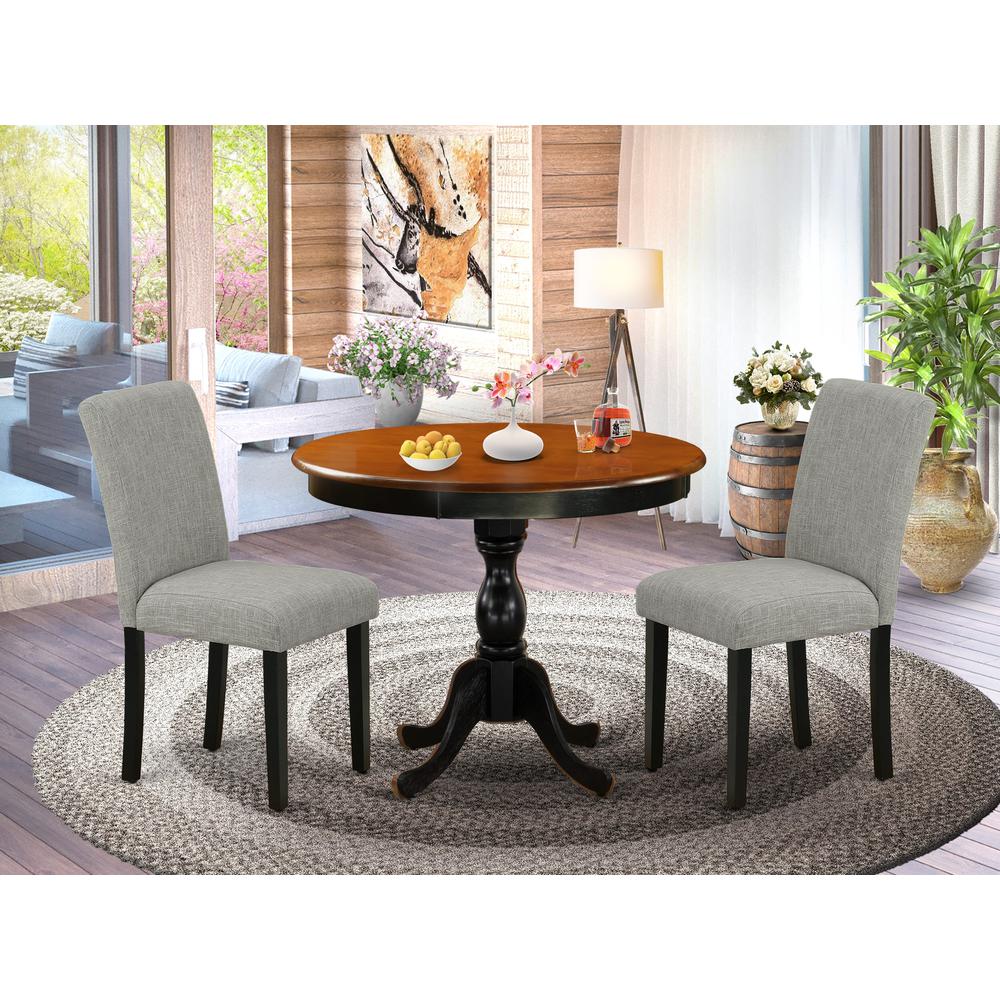 East West Furniture 3-Pc Dinning Room Set Contains a Round Dining Room Table and 2 Shitake Linen Fabric Dinner Chairs with High Back - Black Finish. Picture 2