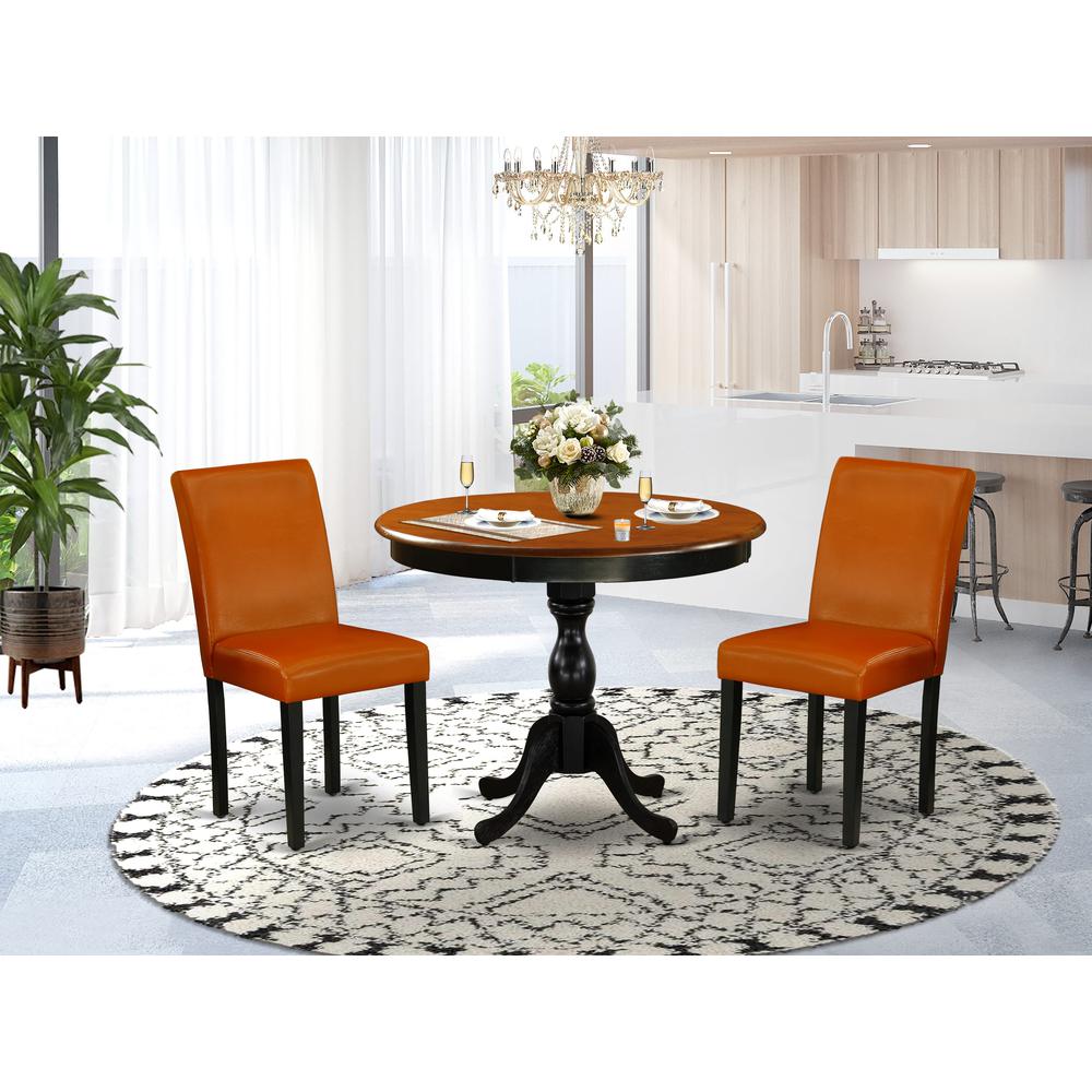 East West Furniture 3-Piece Round Dining Table Set Contains a Dining Table and 2 Baked Bean PU Leather Mid Century Dining Chair with High Back - Black Finish. Picture 2