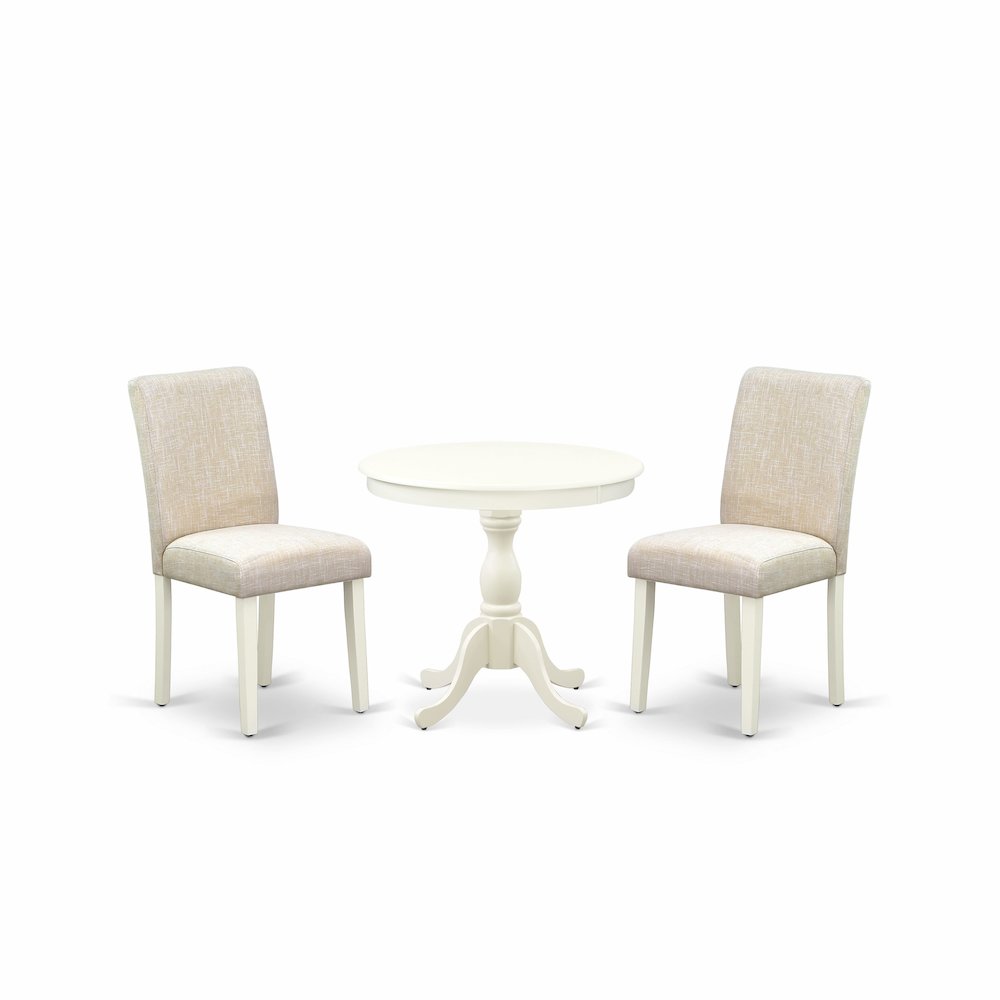 AMAB3-LWH-02 3 Pc Kitchen Table Set - 1 Pedestal Table and 2 Light Beige Parson Chairs - Linen White Finish. Picture 1