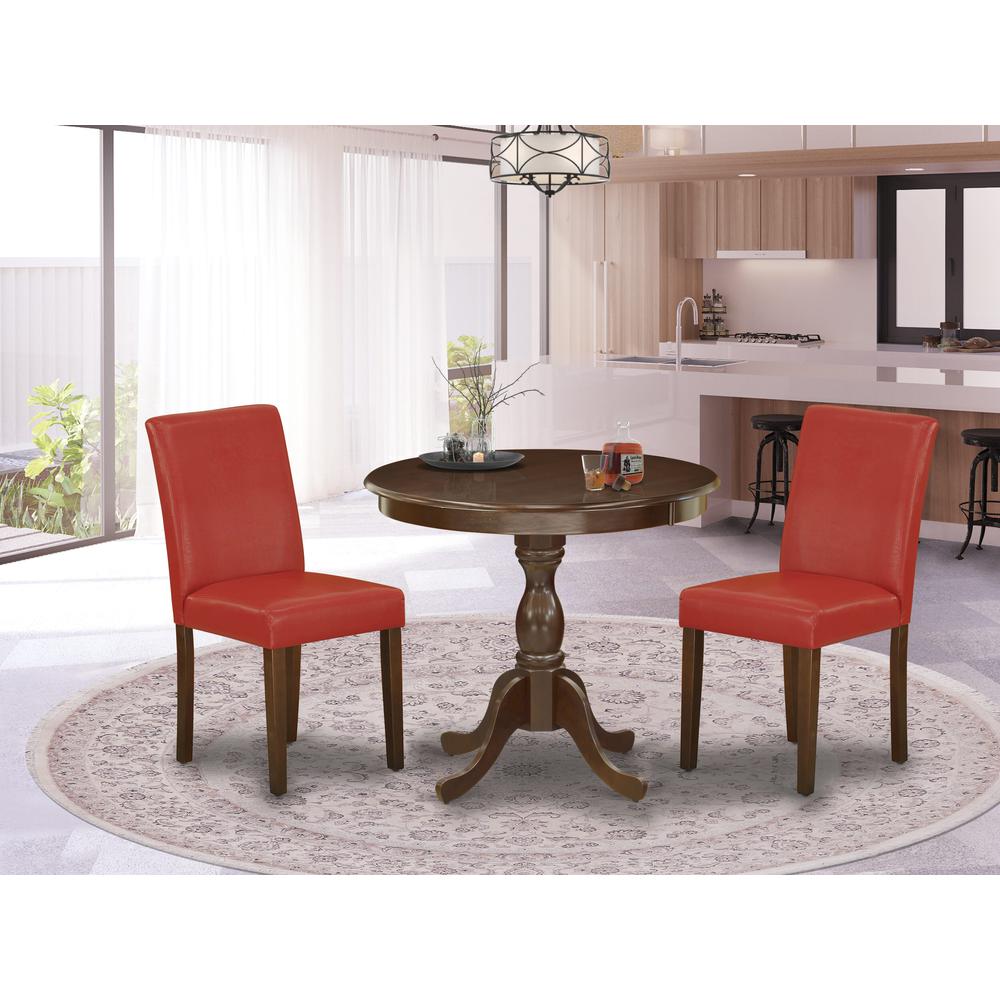 AMAB3-MAH-72 3 Piece Dining Table Set - 1 Kitchen Table and 2 Firebrick Red Dining Chairs - Mahogany Finish. Picture 7